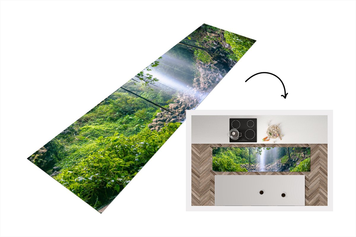 KitchenYeah Keukenloper - Loper keuken - Foto van regenwoud met waterval - 200x50 cm - Keukenloper vinyl Multicolor