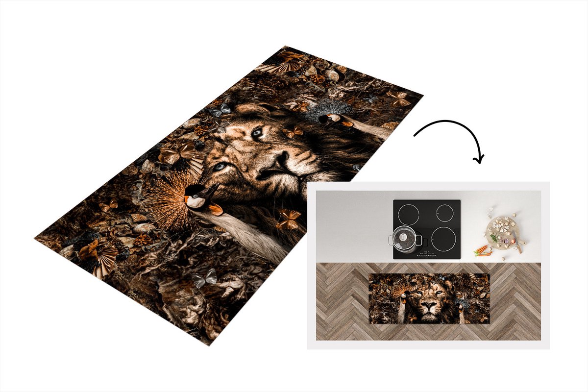 KitchenYeah Keukenloper - Loper keuken - Dieren - Vlinder - Leeuw - 120x50 cm - Keukenloper vinyl Multicolor