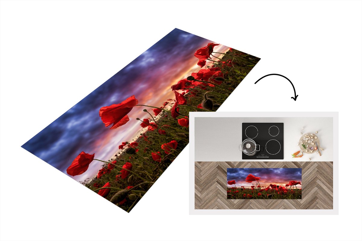 KitchenYeah Keukenloper - Loper keuken - Klaproos - Bloemenveld - Rood - 120x50 cm - Keukenloper vinyl Multicolor