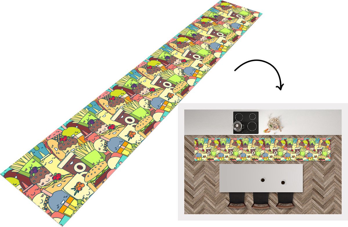 KitchenYeah Keukenloper - Loper keuken - Kawaii - Patronen - Fast Food - 300x50 cm - Keukenloper vinyl Multicolor