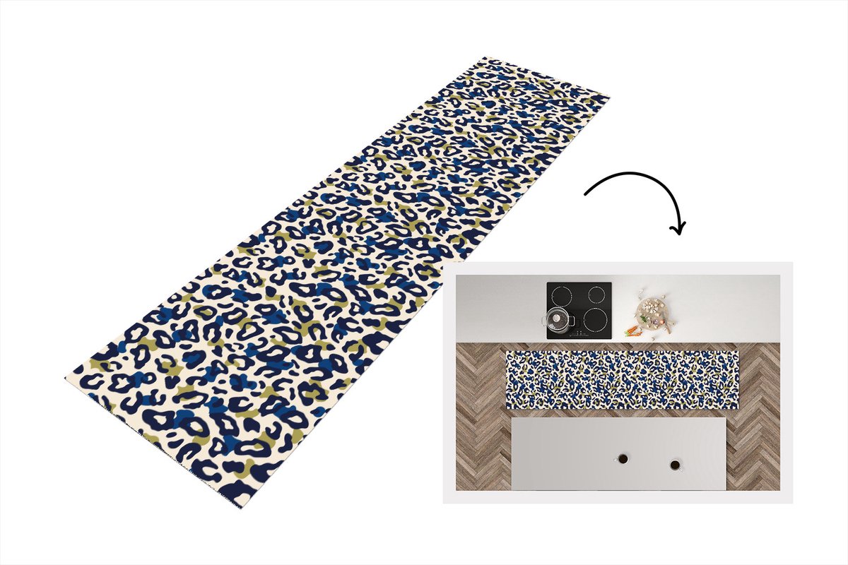 KitchenYeah Keukenloper - Loper keuken - Panter - Design - Blauw - Groen - 200x50 cm - Keukenloper vinyl Multicolor