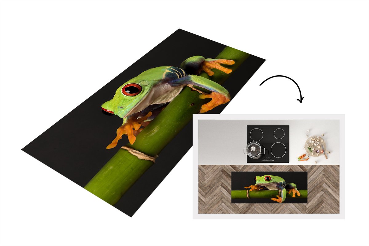 KitchenYeah Keukenloper - Loper keuken - Kikker - Bamboe - Zwart - 120x50 cm - Keukenloper vinyl Multicolor