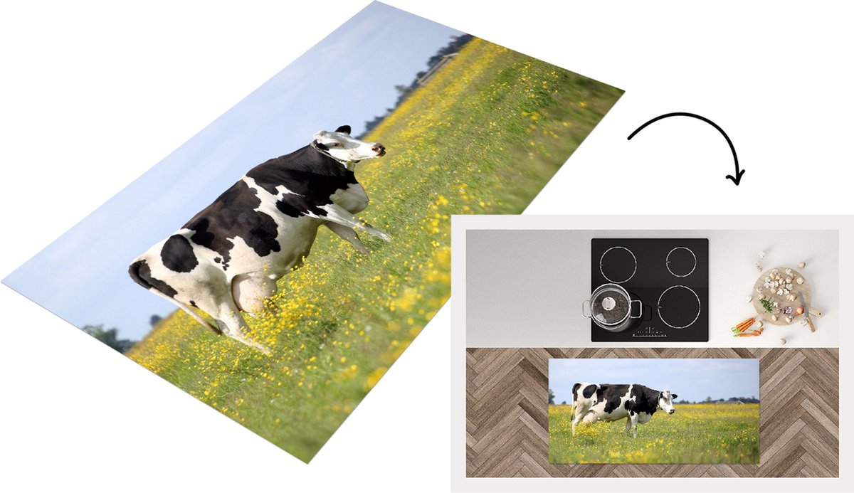 KitchenYeah Keukenloper - Loper keuken - Koe - Gras - Bloemen - 120x60 cm - Keukenloper vinyl Multicolor