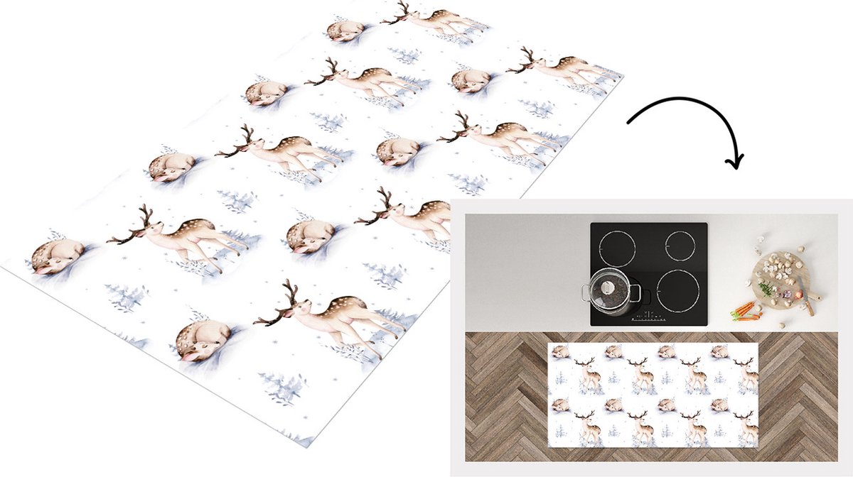 KitchenYeah Keukenloper - Loper keuken - Winter - Hert - Patroon - Wit - 120x60 cm - Keukenloper vinyl Multicolor