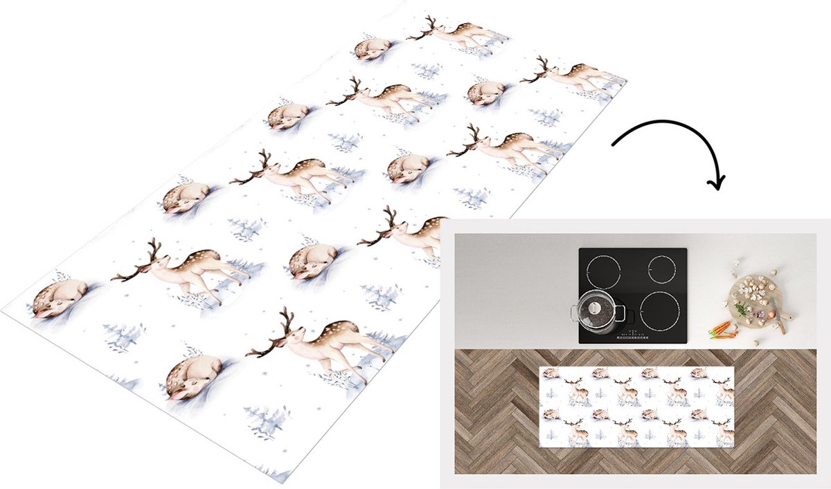 KitchenYeah Keukenloper - Loper keuken - Winter - Hert - Patroon - Wit - 120x50 cm - Keukenloper vinyl Multicolor