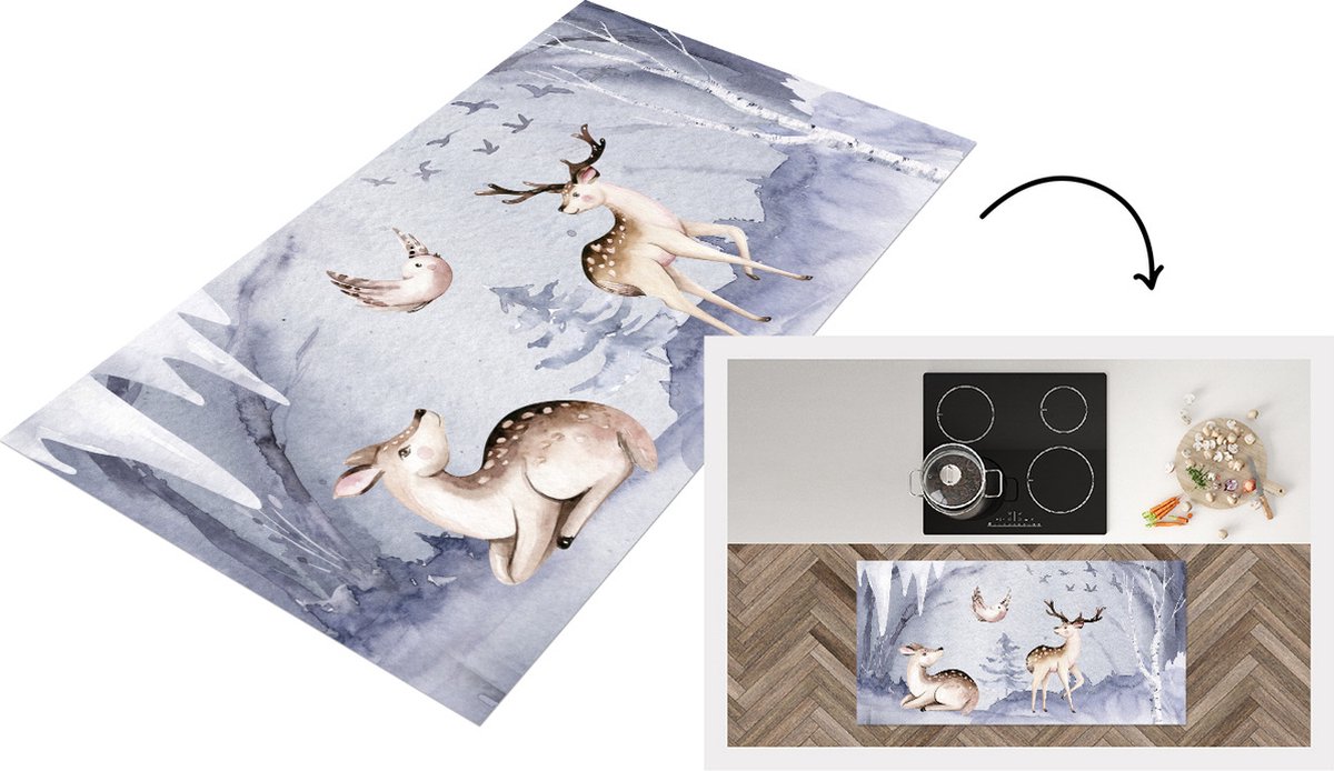 KitchenYeah Keukenloper - Loper keuken - Winter - Hert - Vogel - 120x60 cm - Keukenloper vinyl Multicolor