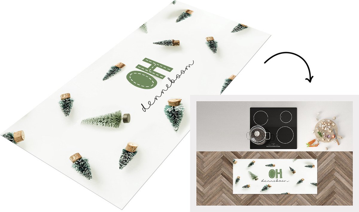 KitchenYeah Keukenloper - Loper keuken - Winter - Wit - Dennenboom - 120x50 cm - Keukenloper vinyl Multicolor