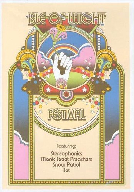 Poster voor het Isle of Wight Festival 2004, met psychedelische kunst, een hand die een bloem vasthoudt, en de tekst 'Isle of Wight Festival'.