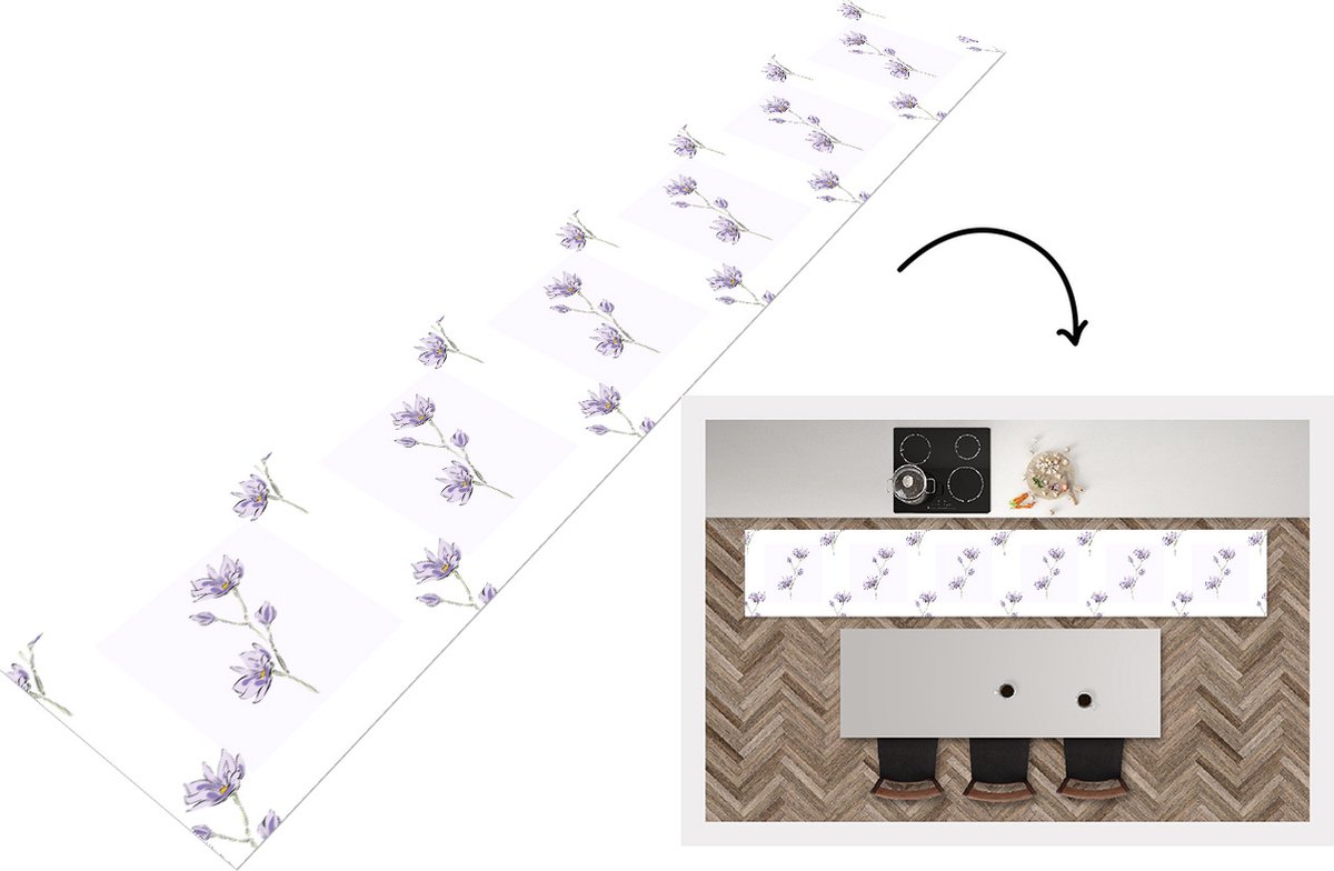 KitchenYeah Keukenloper - Loper keuken - Bloemen - Paars - Lente - Patronen - 300x50 cm - Keukenloper vinyl Multicolor