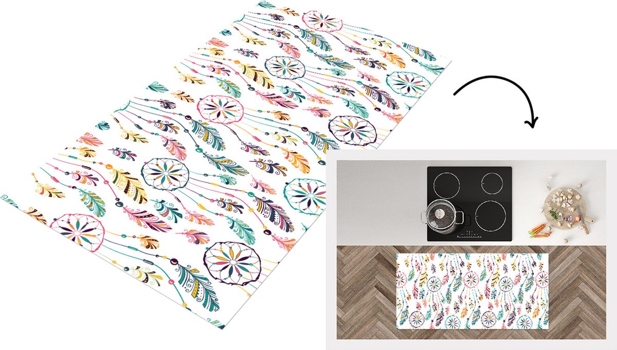 KitchenYeah Keukenloper - Loper keuken - Patroon - Dromenvanger - Veren - Pluimen - 120x60 cm - Keukenloper vinyl Multicolor