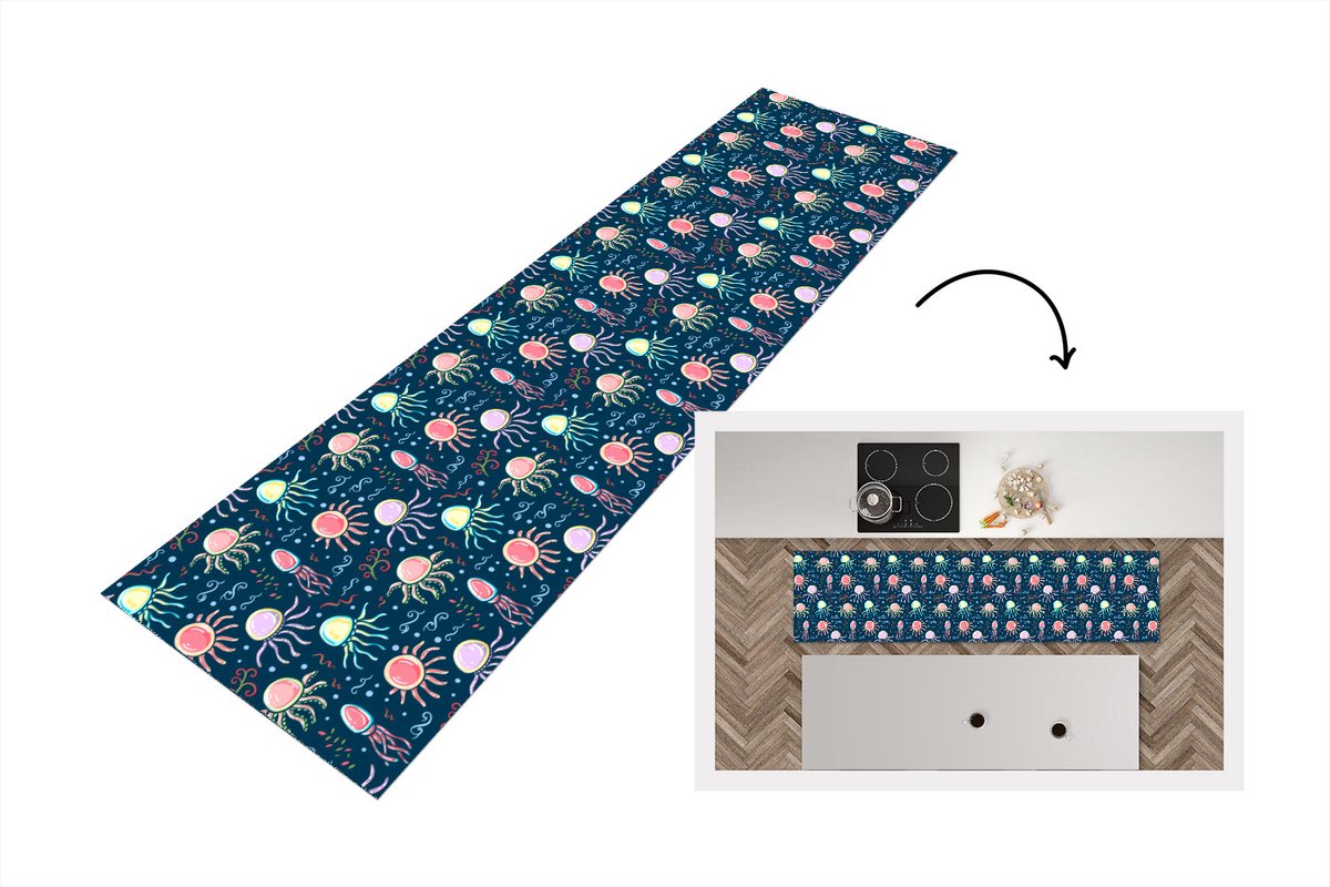 KitchenYeah Keukenloper - Loper keuken - Design - Dieren - Kwallen - 200x50 cm - Keukenloper vinyl Multicolor