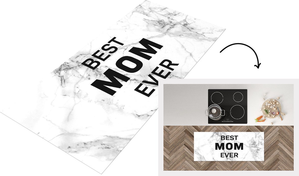 KitchenYeah Keukenloper - Loper keuken - Spreuken - Quotes Best Mom Ever - Marmer - Moederdag - Mam - zwart wit - 120x50 cm - Keukenloper vinyl