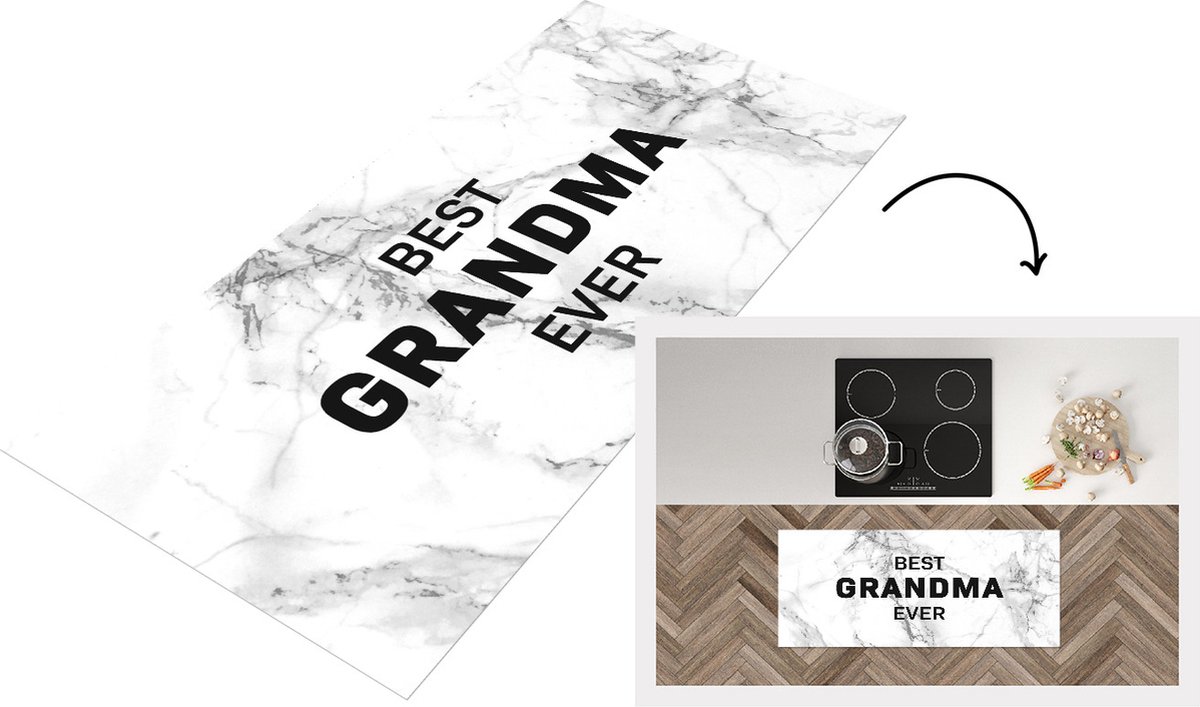KitchenYeah Keukenloper - Loper keuken - Spreuken - Quotes Best Grandma Ever - Oma - Moederdag - Marmer - Oma cadeau - zwart wit - 120x50 cm - Keukenloper vinyl