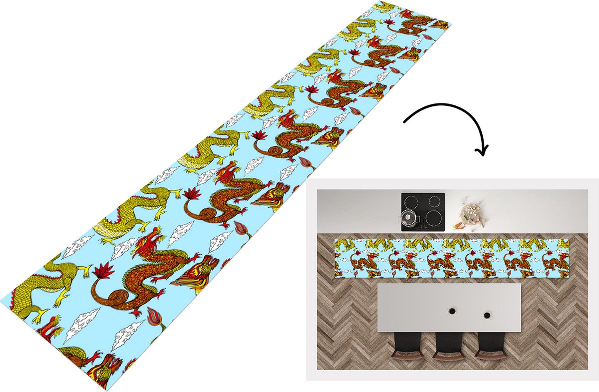 KitchenYeah Keukenloper - Loper keuken - Draak - Chinees - Patronen - 300x50 cm - Keukenloper vinyl Multicolor