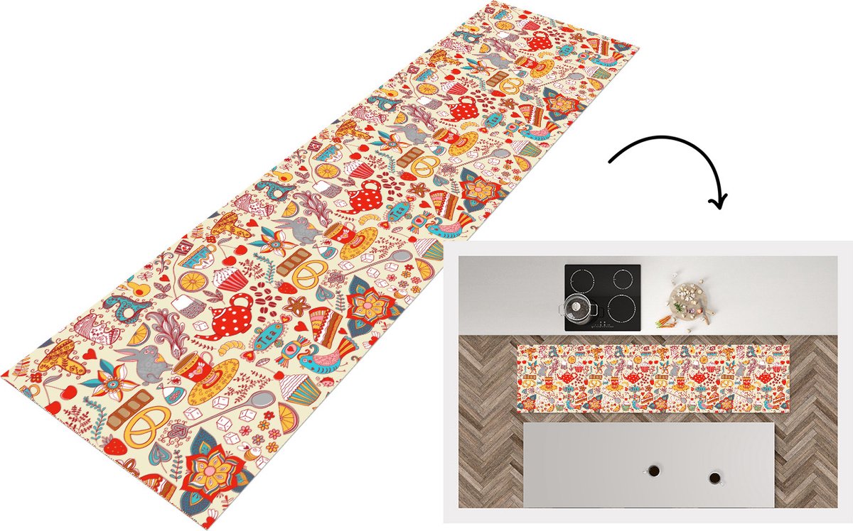 KitchenYeah Keukenloper - Loper keuken - Thee - Dieren - Snoepgoed - Regenboog - Patronen - 240x60 cm - Keukenloper vinyl Multicolor