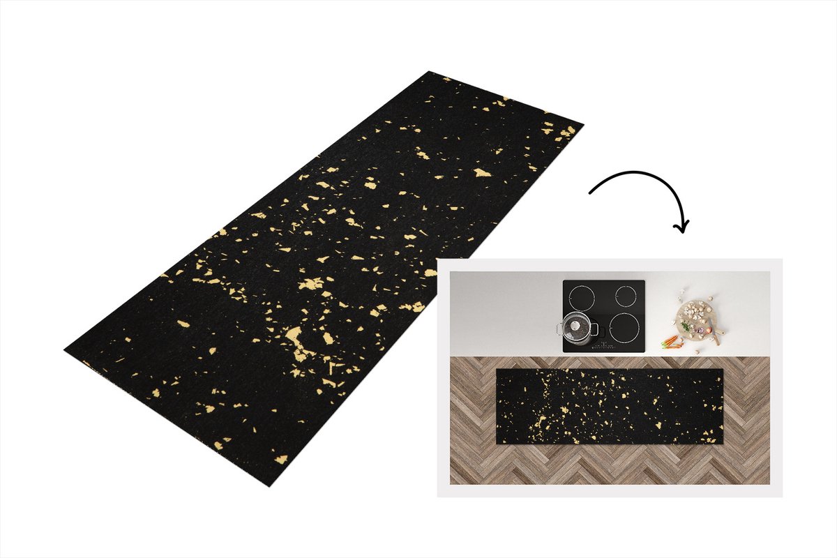 KitchenYeah Keukenloper - Loper keuken - Gouden vlokken op een zwarte achtergrond - 150x50 cm - Keukenloper vinyl Multicolor