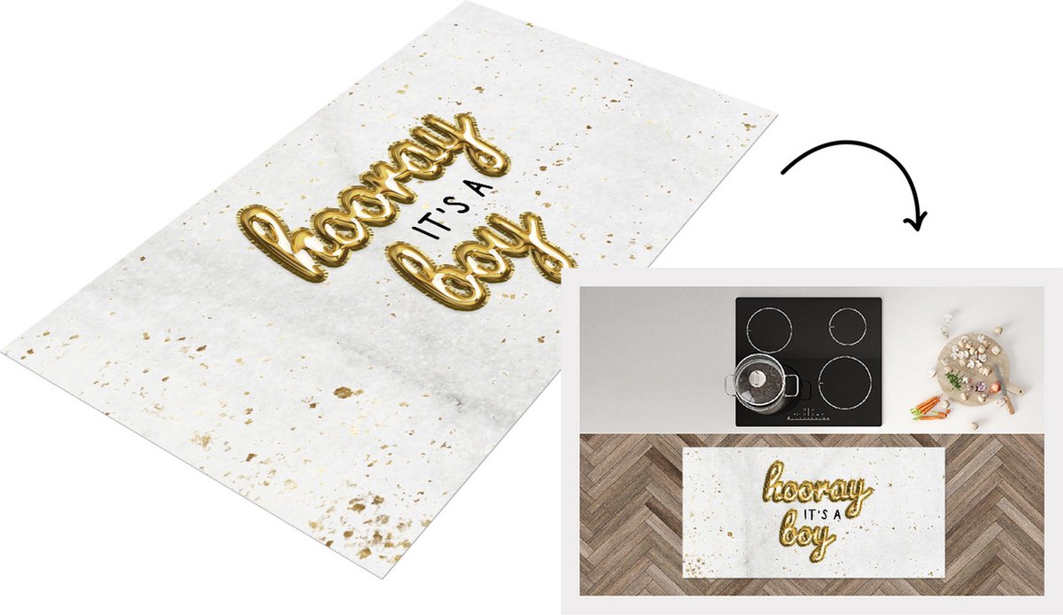 KitchenYeah Keukenloper - Loper keuken - Jongen - Quotes - Hooray it's a boy - Spreuken - 120x60 cm - Keukenloper vinyl Multicolor
