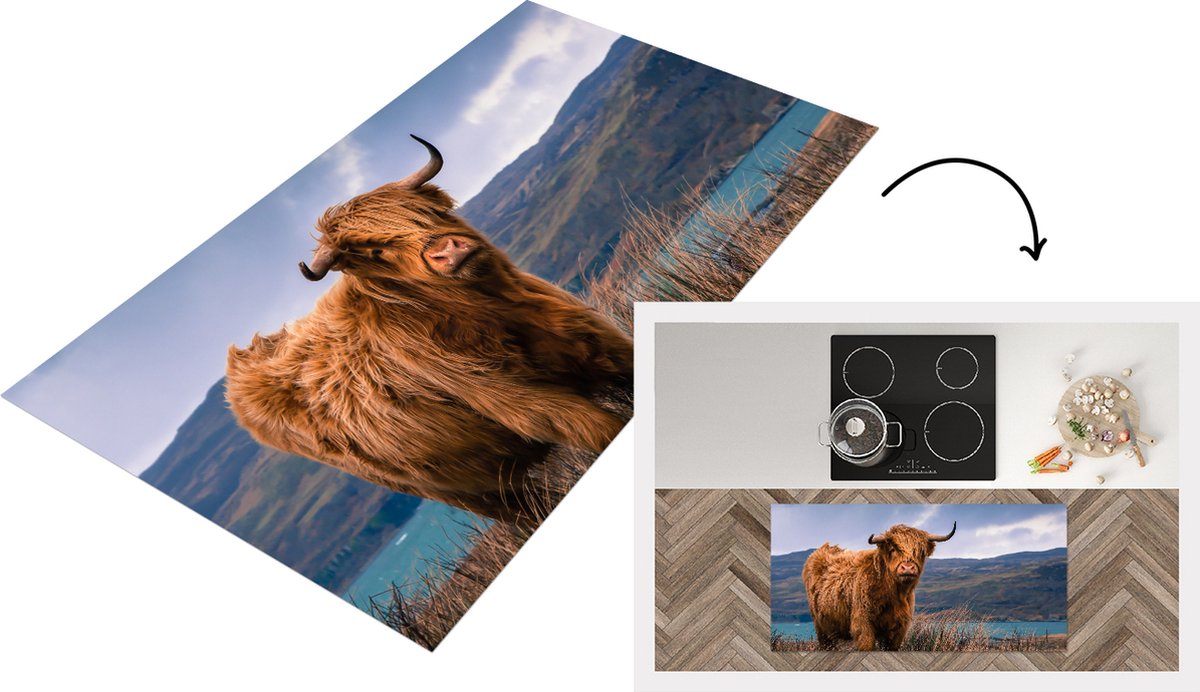 KitchenYeah Keukenloper - Loper keuken - Schotse Hooglander - Berg - Water - 120x60 cm - Keukenloper vinyl Multicolor