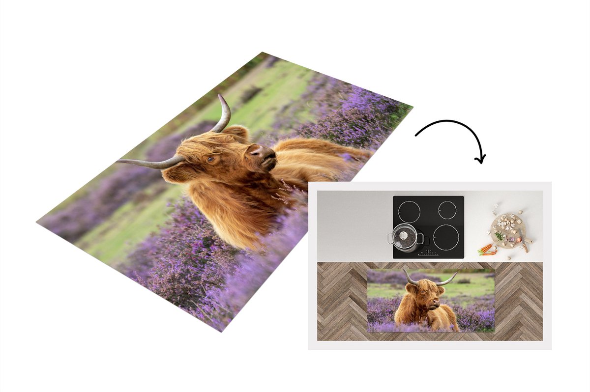 KitchenYeah Keukenloper - Loper keuken - Schotse hooglander - Bloemen - Licht - 120x60 cm - Keukenloper vinyl Multicolor