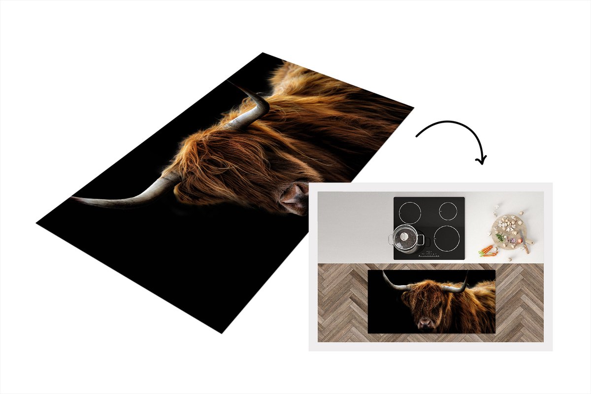 KitchenYeah Keukenloper - Loper keuken - Schotse Hooglander - Horens - Zwart - 120x60 cm - Keukenloper vinyl Multicolor