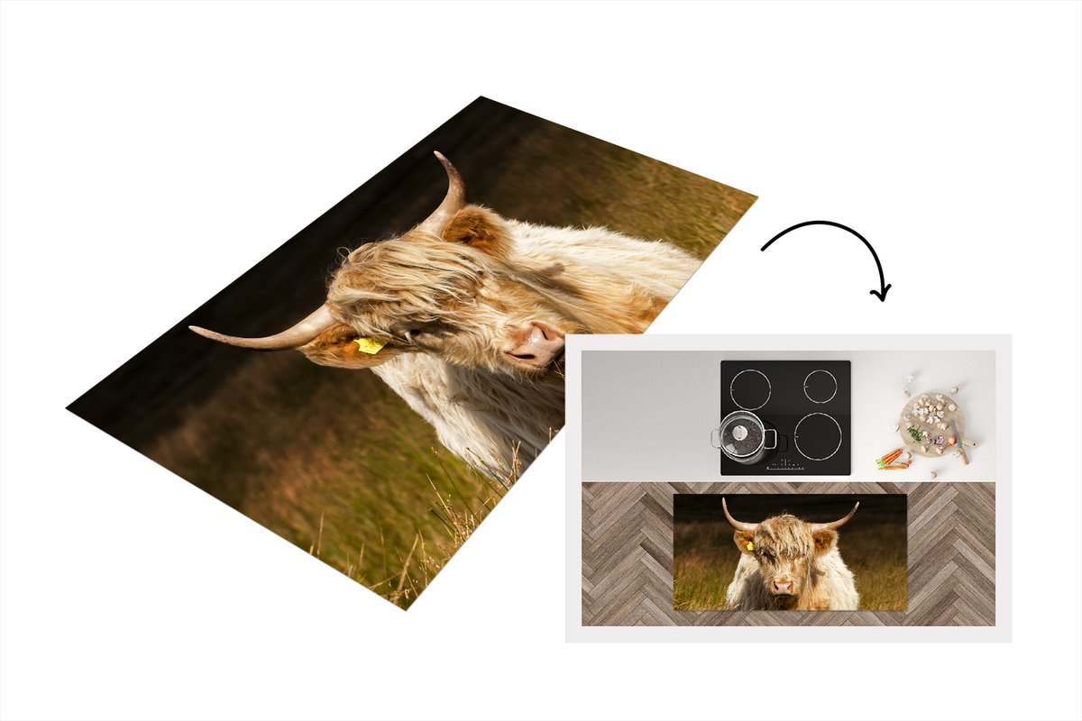 KitchenYeah Keukenloper - Loper keuken - Schotse Hooglander - Licht - Gras - Dieren - 120x60 cm - Keukenloper vinyl Multicolor