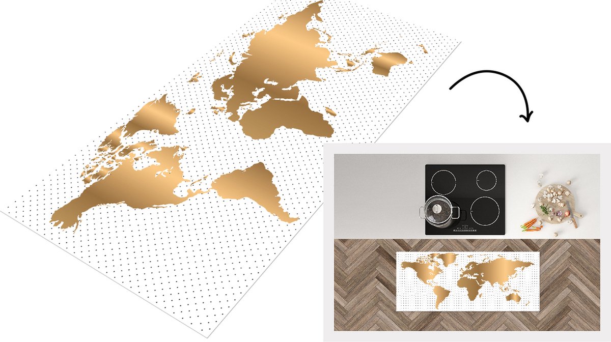 KitchenYeah Keukenloper - Loper keuken - Wereldkaart - Goud - Stippen - Keukenloper vinyl Multicolor