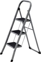 Klaptrap met 3 treden, trapladder, ladder, 20 cm brede treden met anti-slip rubberen matten, anti-slip voeten, met leuning, tot 150 kg belastbaar, van staal, grijs-zwart GSL003GY01