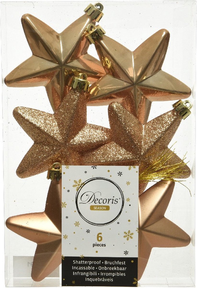 Decoris kersthanger sterren - 6x st - camel bruin - 7 cm - kunststof - kerstornamenten - kerstversiering