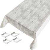 Buiten tafelkleed/tafelzeil grijs steigerhout print 140 x 245 cm met 4 tafelkleedklemmen - Tuintafelkleed tafeldecoratie