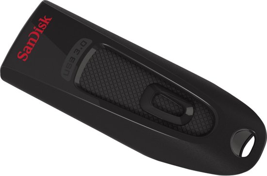 Zwarte SanDisk Cruzer Ultra 16GB USB 3.0 stick, schuin van de zijkant gezien, met rode SanDisk logo en USB 3.0 aanduiding.