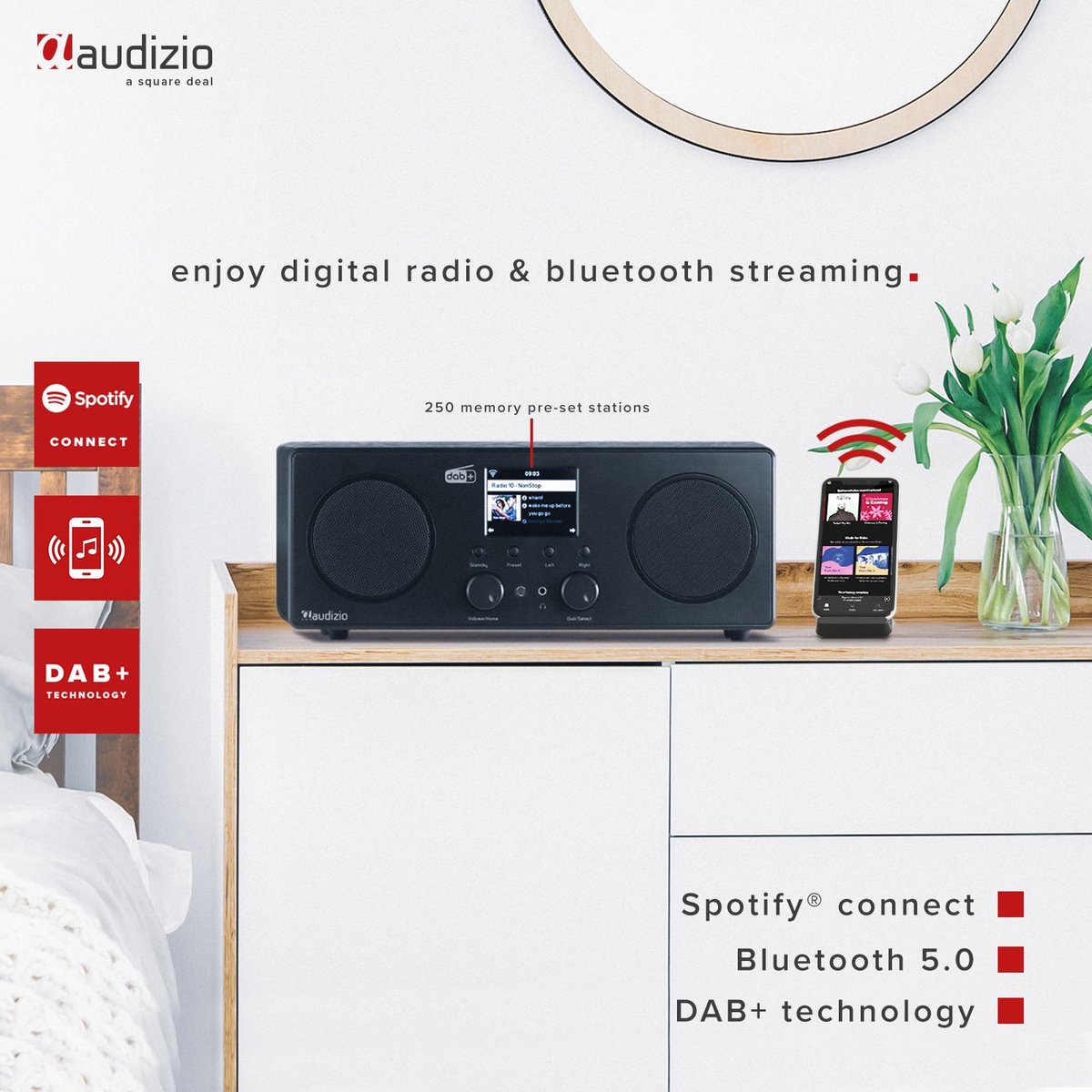 Walnuss Digitalradio Internetradio/Digitalradio mit Spotify Connect und Bluetooth Inscabin D8 Internet DAB/DAB 