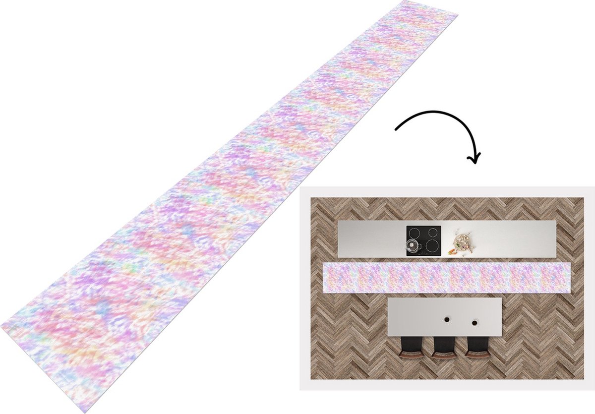 KitchenYeah Keukenloper - Keukenmat - Regenboog - Verf - Patroon - Tie dye - 480x60 cm - Keuken vloerkleed Multicolor