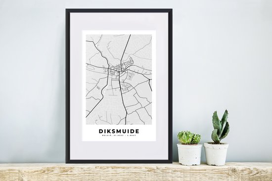 Cadre photo avec affiche Wit Zwart - België - Dixmude - Plan de la ville - Carte - Wit Zwart - Carte - 40x60 cm - Cadre pour affiche