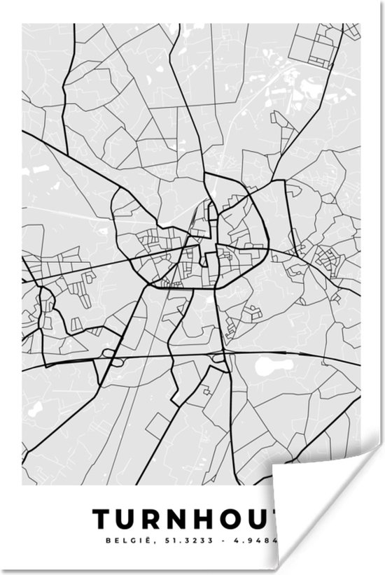 Affiche Zwart et Wit – België – Plan – Plan de la Ville – Plan – Turnhout - 20x30 cm