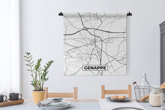 Wandkleed - Wanddoek - Stadskaart – Plattegrond – België – Zwart Wit – Genappe – Kaart - 90x90 cm - Wandtapijt