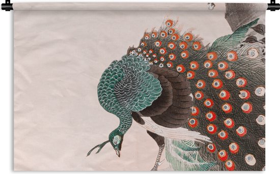 Wandkleed - Wanddoek - Pauw - Japans - Pauwenveren - Vintage - 120x80 cm - Wandtapijt