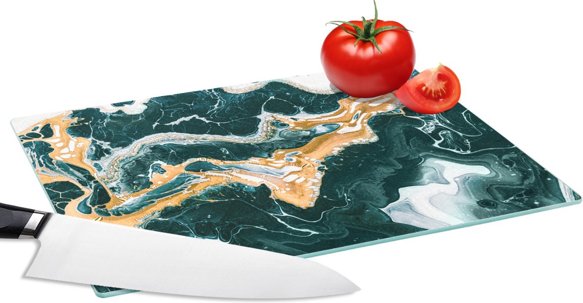 Glazen Snijplank - 28x20 - Marmer - Gouden - Wit - Snijplanken Glas