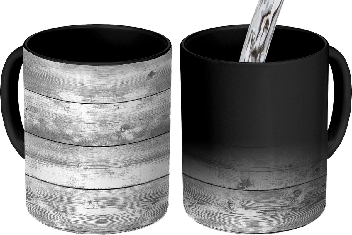 Magische Mok - Foto op Warmte Mokken - Koffiemok - Grijs - Wit - Brocante - Planken - Hout - Magic Mok - Beker - 350 ML - Theemok