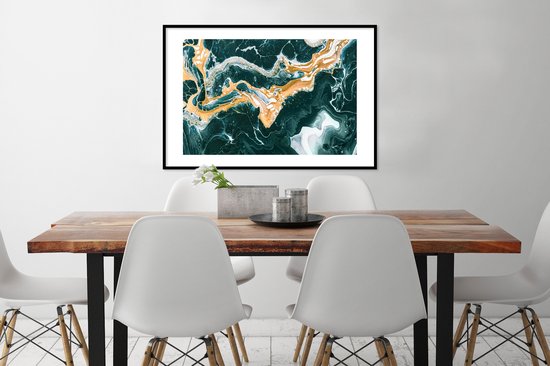 Poster in lijst - Fotolijst 90x60 cm - Posters - Marmer - Aqua - Gouden - Posterlijst zwart - Decoratie - Wanddecoratie woonkamer - Muurdecoratie slaapkamer