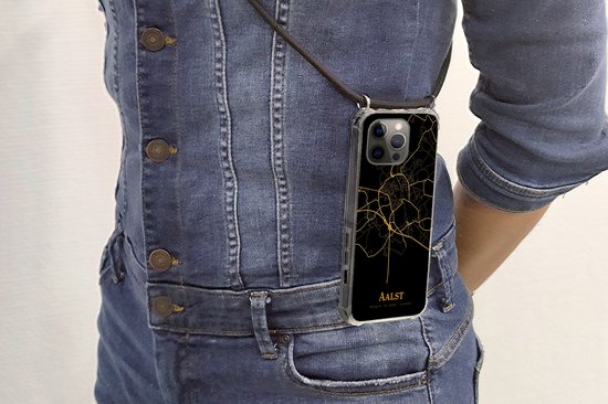 Cordon de téléphone - Chaîne de téléphone - Étui de téléphone Convient pour iPhone 12 pro bandoulière - Alost - Carte - Or - Siliconen - Bandoulière - Étui de téléphone avec cordon