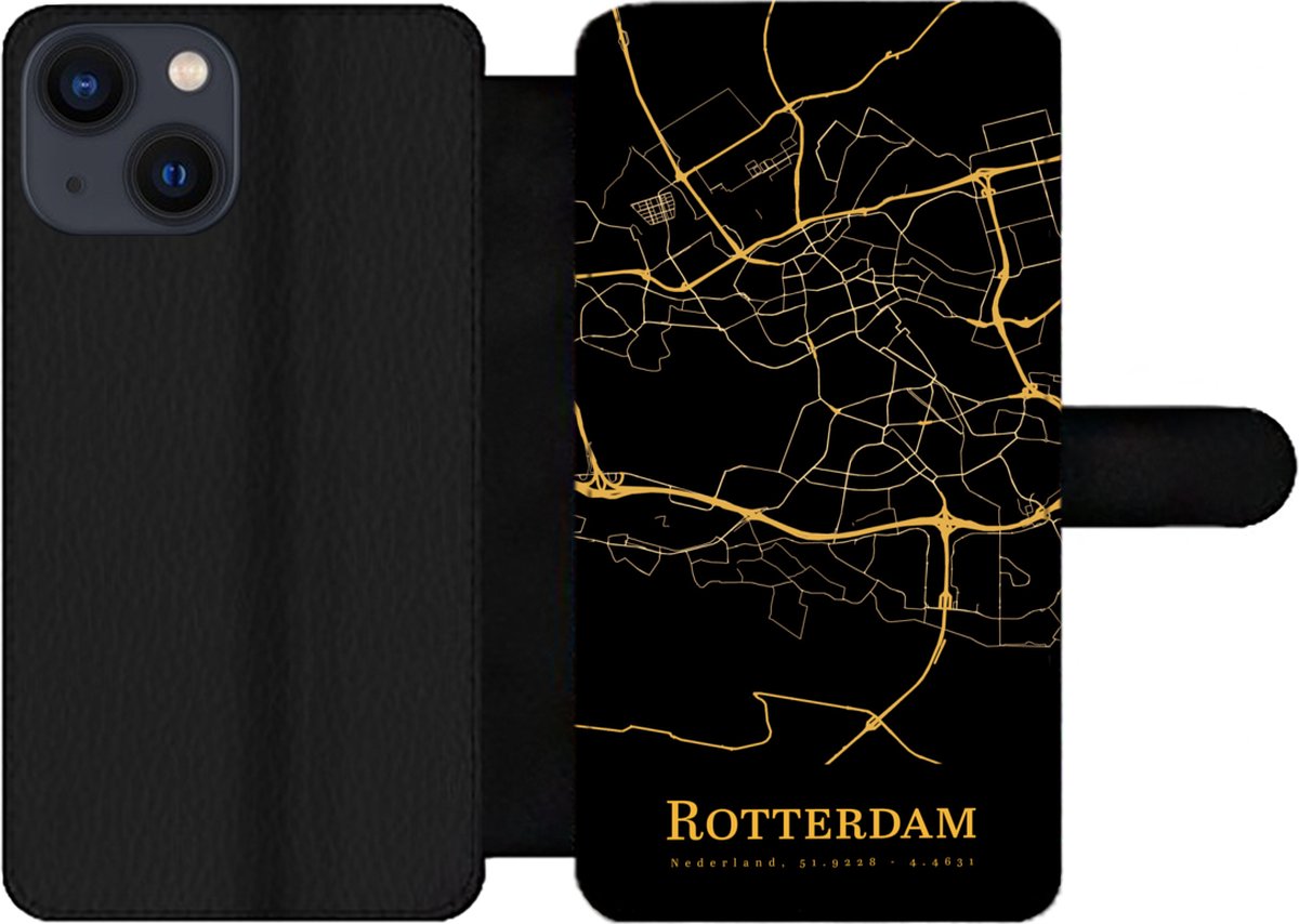 Telefoonhoesje Geschikt voor iPhone 13 Mini telefoonhoesje - Rotterdam - Kaart - Gold - Met vakjes - Wallet case met magneetsluiting