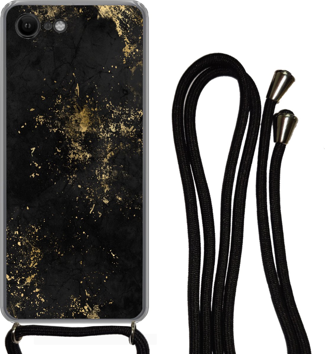Telefoonkoord - Telefoonketting - Telefoonhoesje Geschikt voor iPhone 7 - Gold - Luxe - Vintage - Zwart - Siliconen - Crossbody - Telefoonhoesje met koord Telefoonhoesje