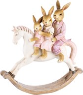 Paashaas / Konijn / paaskonijn / konijnen / koppel met kind op schommelpaard - Roze / creme / wit / bruin - 19 x 7 x 21 cm hoog.
