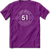 51th Happy Birthday T-shirt | Vintage 1971 Aged to Perfection | 51 jaar Abraham en Sarah verjaardag cadeau | Grappig feest shirt Heren – Dames – Unisex kleding | - Paars - L