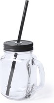 1x stuks Glazen Mason Jar drinkbekers zwarte dop en rietje 500 ml - afsluitbaar/niet lekken/fruit shakes