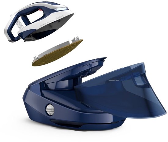 Gestoomde Tefal Pro Express Vision strijkijzer in donkerblauw en wit, met losse onderdelen zoals de zoolplaat en het waterreservoir.