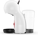 Zijaanzicht van de witte Krups Dolce Gusto Piccolo XS koffiecupmachine met rode knop en transparante watertank.