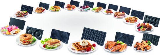 Overzicht van het Tefal snackapparaat met diverse bereidingen en platen.