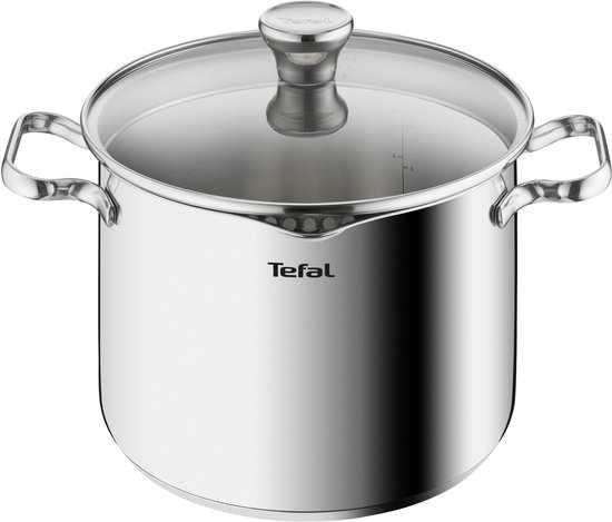 Een RVS kookpan met glazen deksel en Tefal logo, op een witte achtergrond.