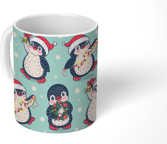 Mug - Mug à café - Pingouin - Guirlande lumineuse - Couronne de Noël - Motifs - Mugs - 350 ML - Gobelet - Mugs à café - Mug à thé - Décoration Sinterklaas - Distribution de cadeaux pour enfants - Cadeaux chaussures Sinterklaas